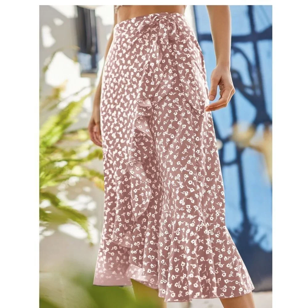 Ditsy Floral Print Ruffle Trim Knot Side Skirt dusty Pink - Picture 1 of 7